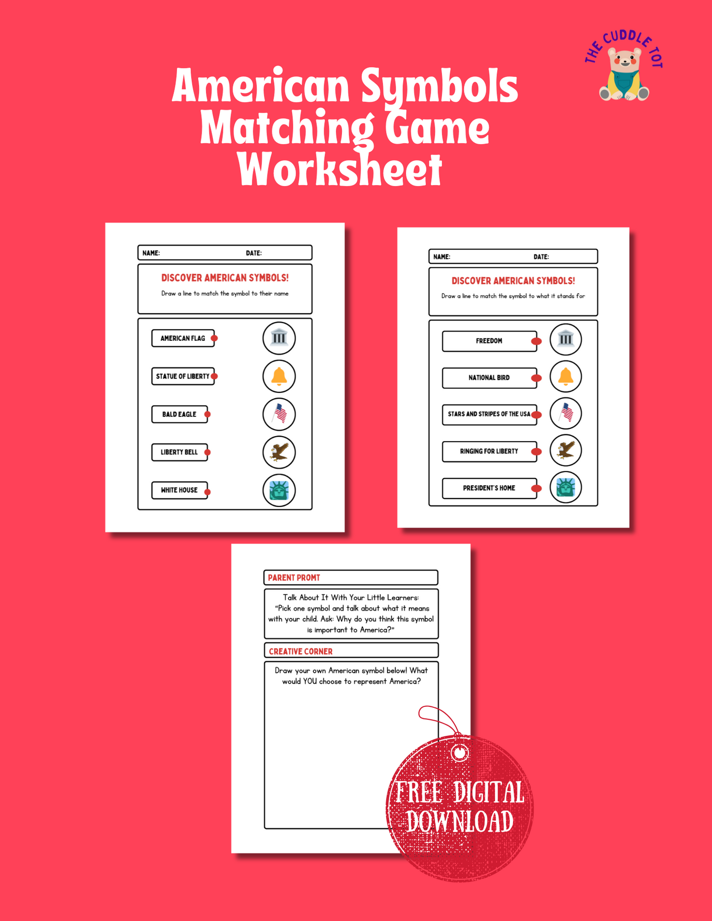 American Symbols Matching Game Worksheet - Free Cuddle