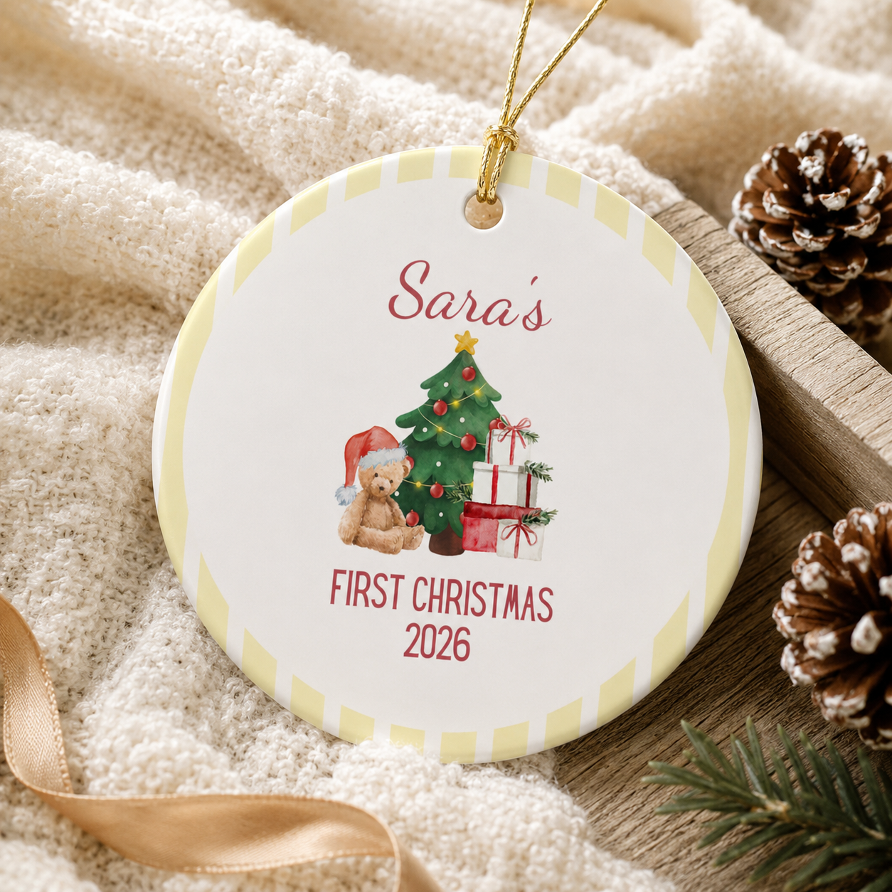 Personalized First Christmas Teddy Bear Ornament | Ceramic Decoration - Yellow