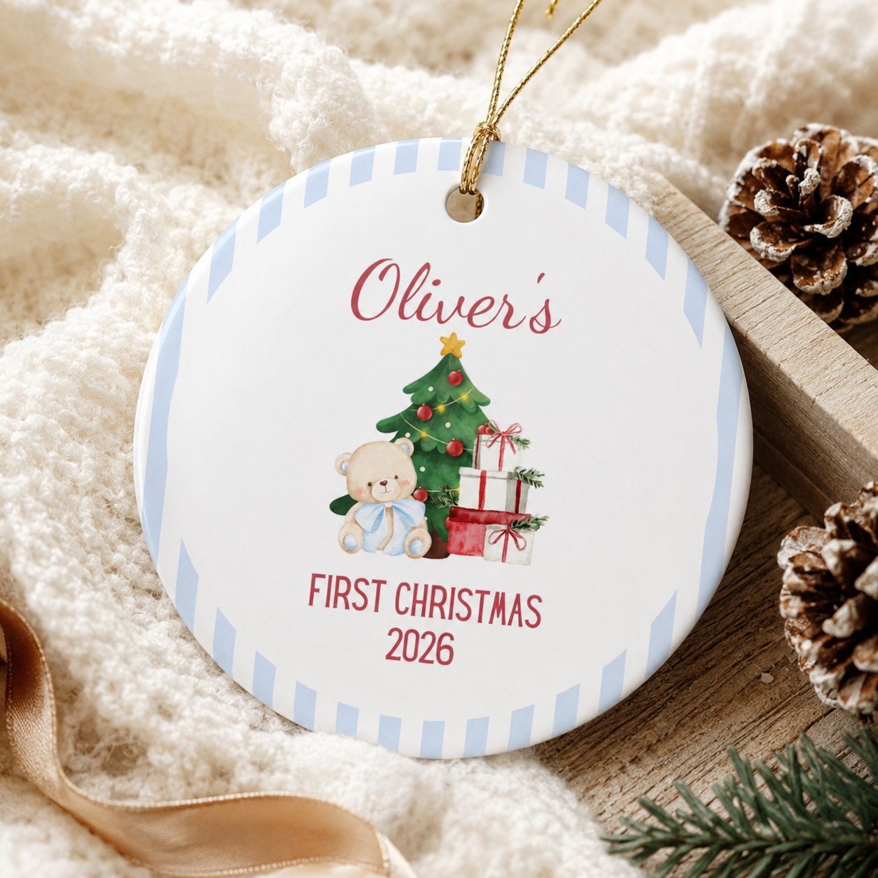 Personalized First Christmas Teddy Bear Ornament | Ceramic Decoration - Blue