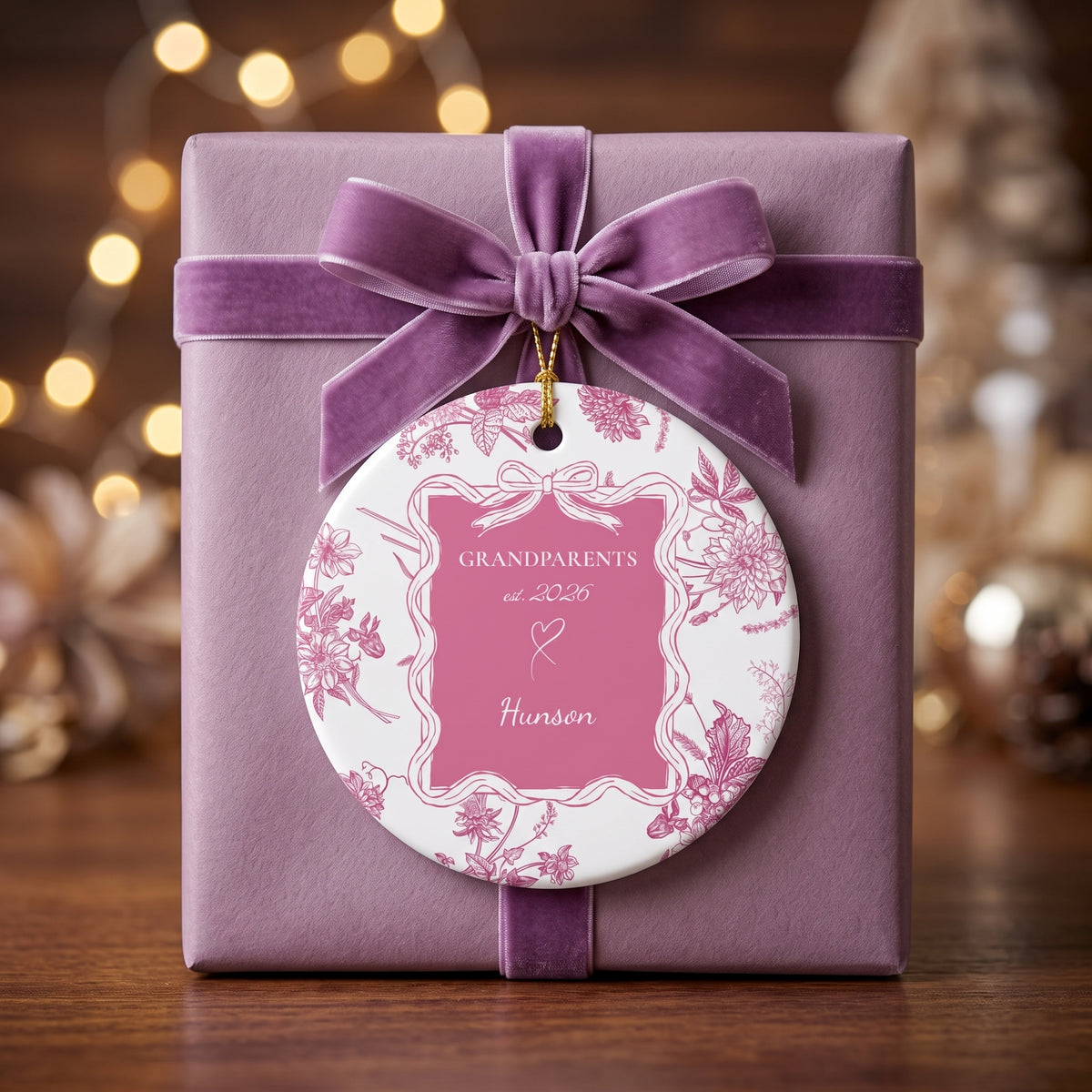 New Grandparents Ornament, Personalized Gift For New Grandma Grandpa | Ceramic Decoration - Pink