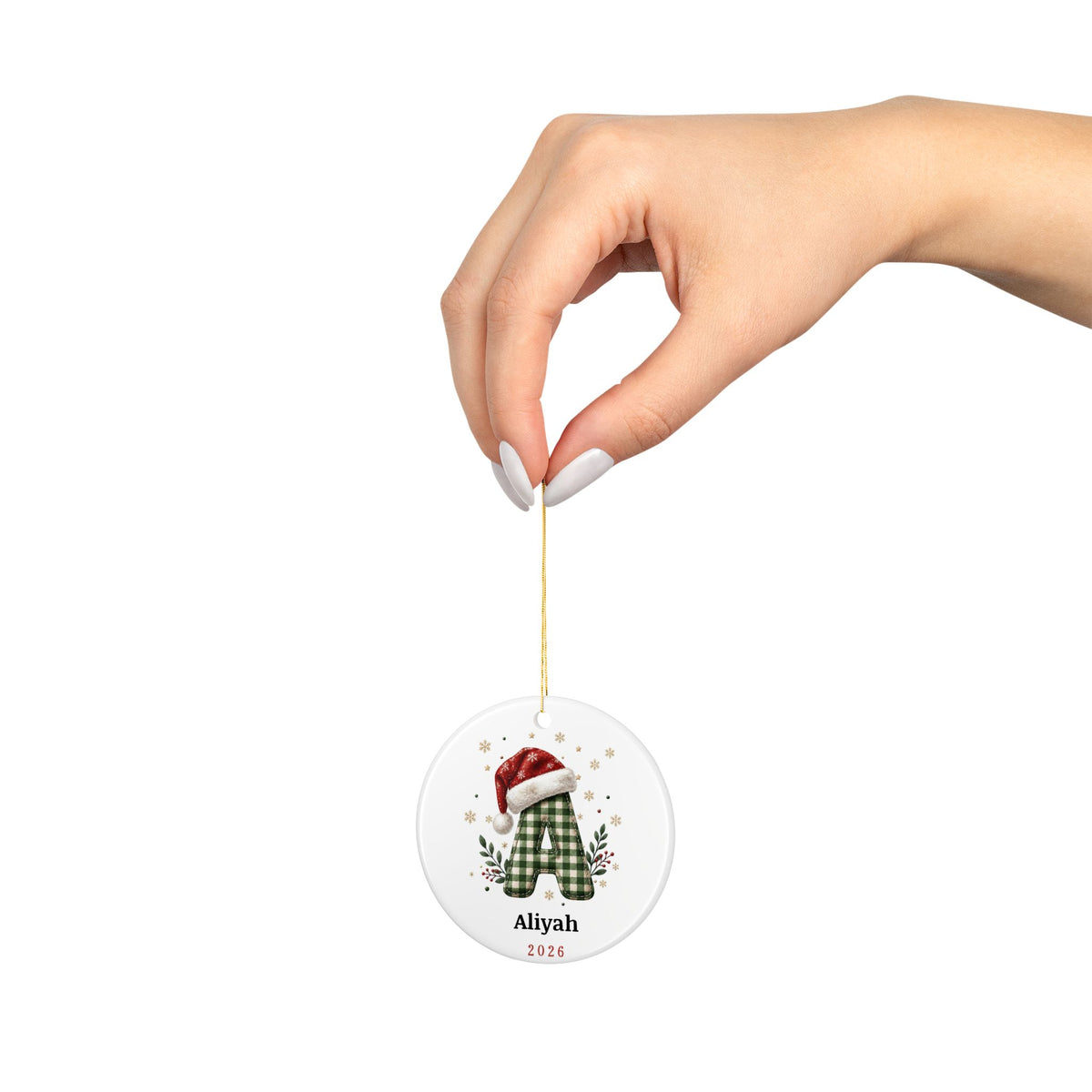 Letter A with Santa Hat, Name & Year - Personalized Christmas Ornament