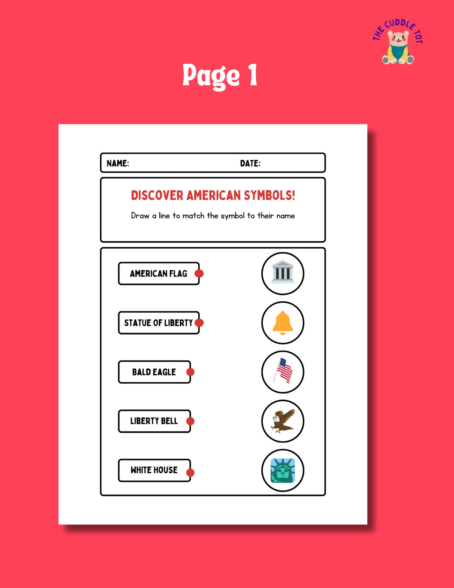 American Symbols Matching Game Worksheet - Free Cuddle