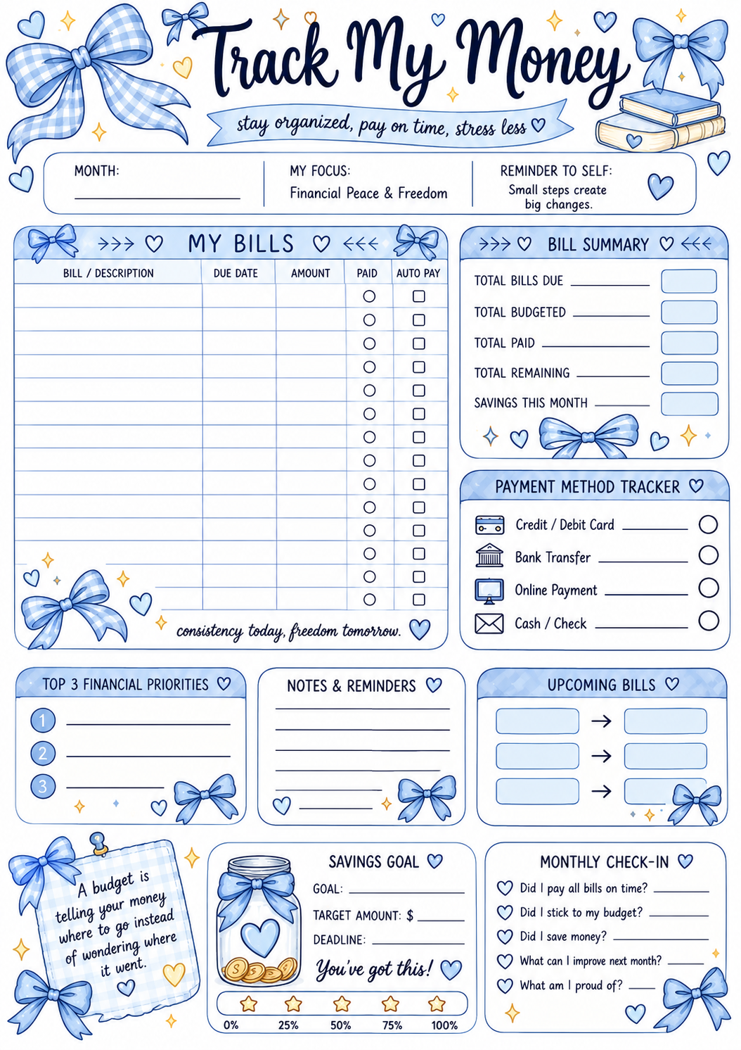 Cute Blue Bow Budget Planner Printable | Track My Money Bill Tracker | Blue Gingham Finance Planner | A4 Digital Download