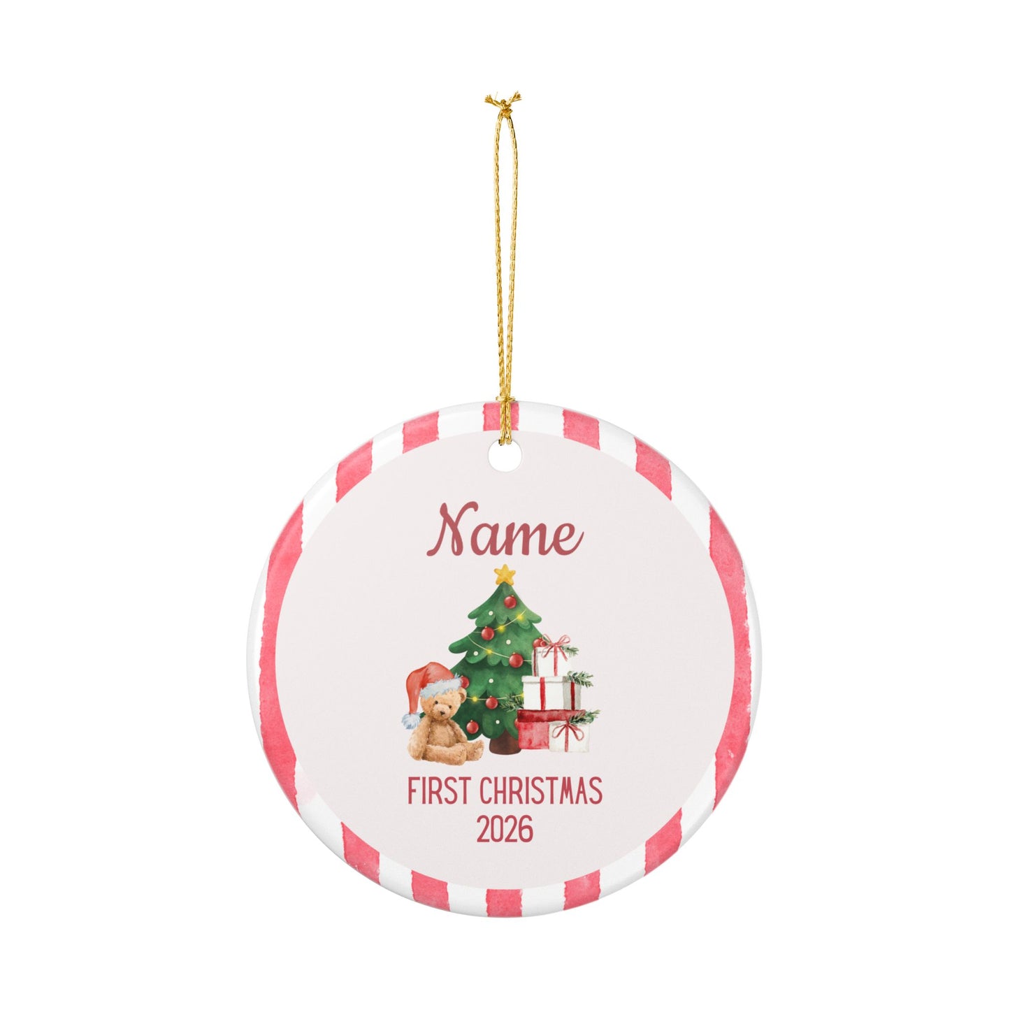 Personalized First Christmas Teddy Bear Ornament | Ceramic Decoration - Red