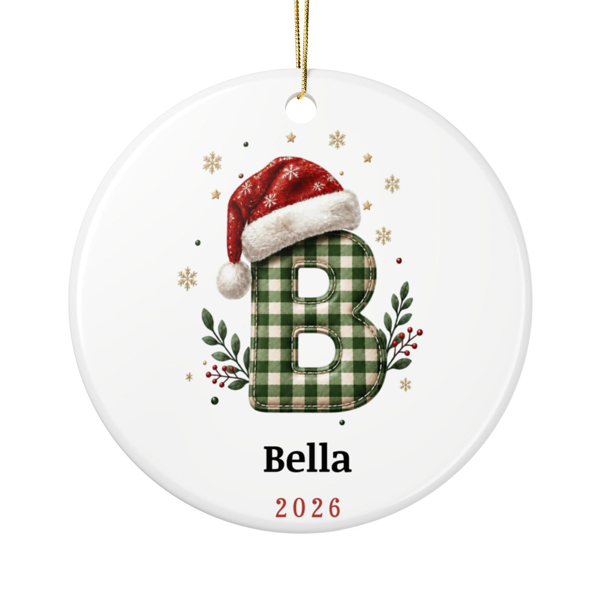 Letter B with Santa Hat, Name & Year - Personalized Christmas Ornament