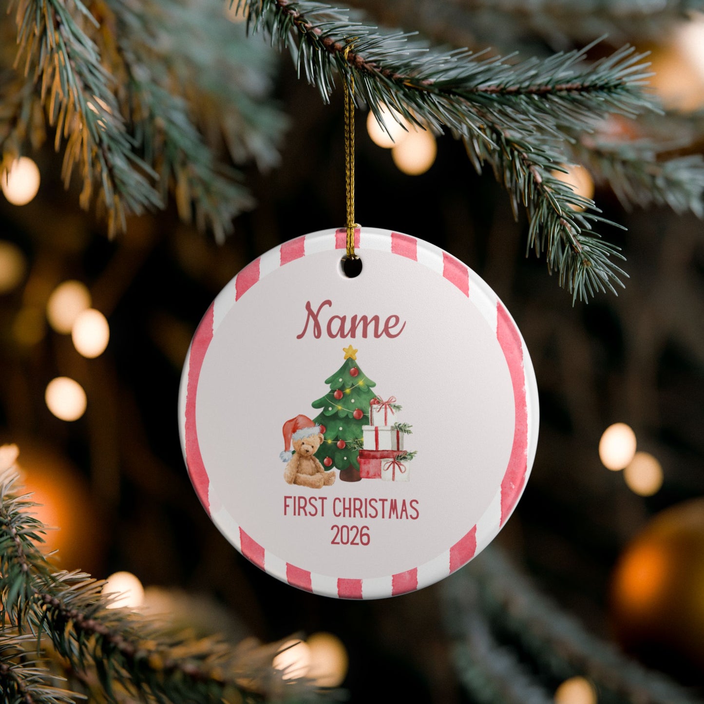 Personalized First Christmas Teddy Bear Ornament | Ceramic Decoration - Red
