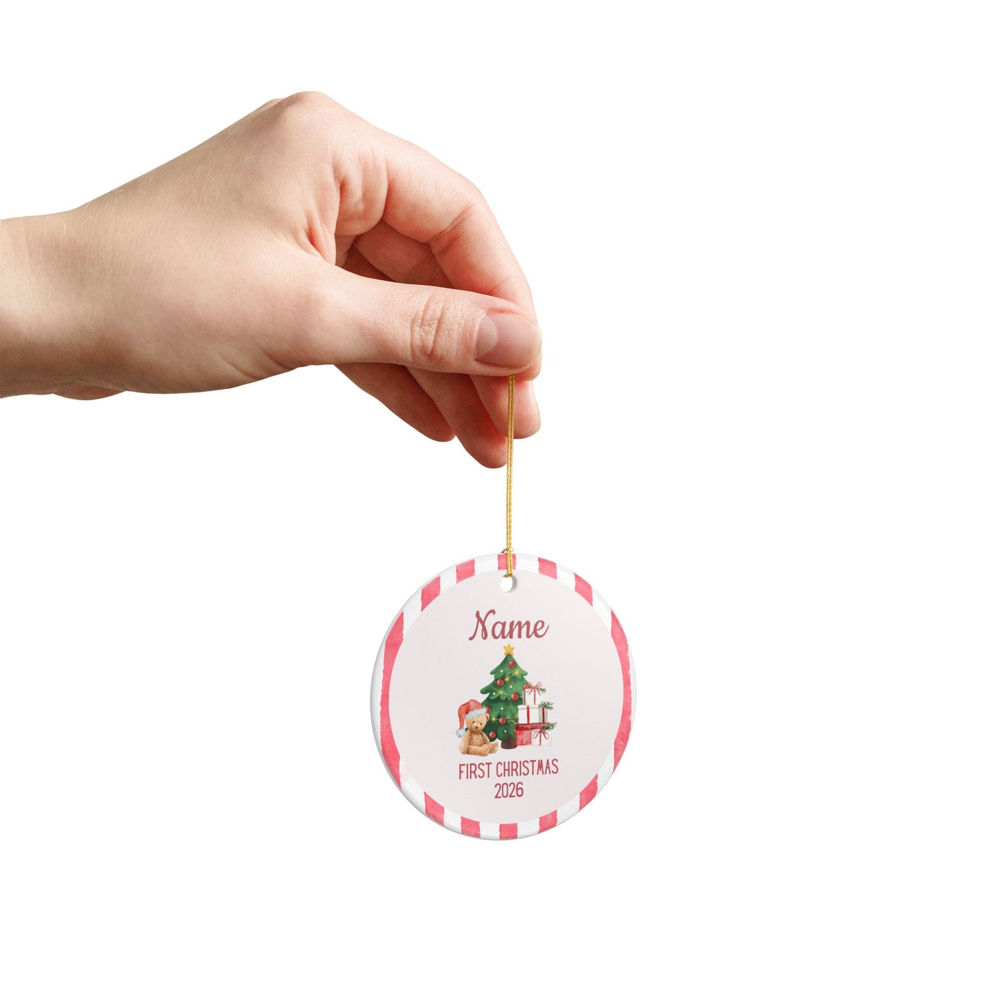 Personalized First Christmas Teddy Bear Ornament | Ceramic Decoration - Red