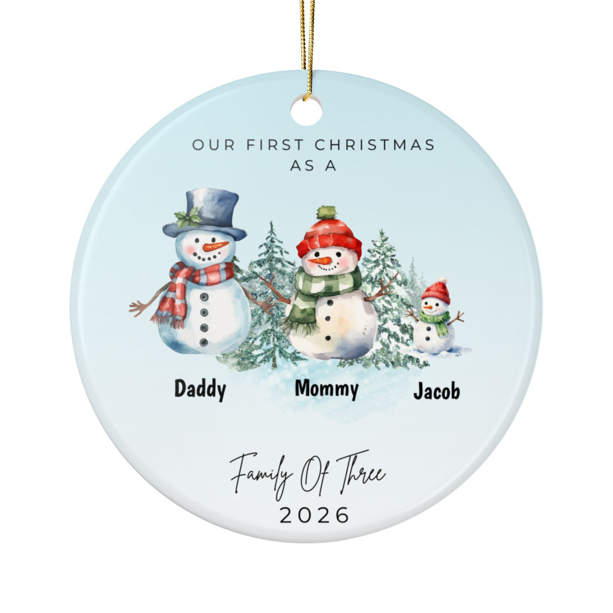 Family Of Three Snowman Christmas Ornament - Aqua