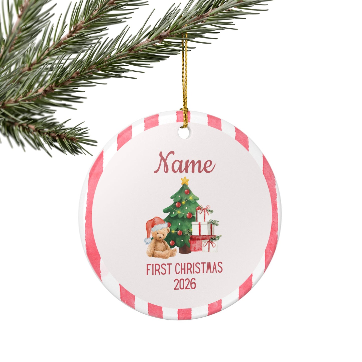Personalized First Christmas Teddy Bear Ornament | Ceramic Decoration - Red