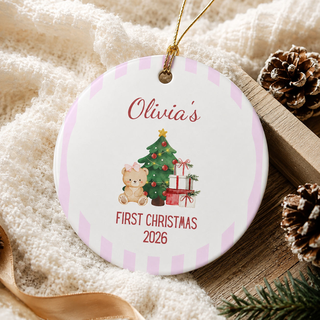 Personalized First Christmas Teddy Bear Ornament | Ceramic Decoration - Pink
