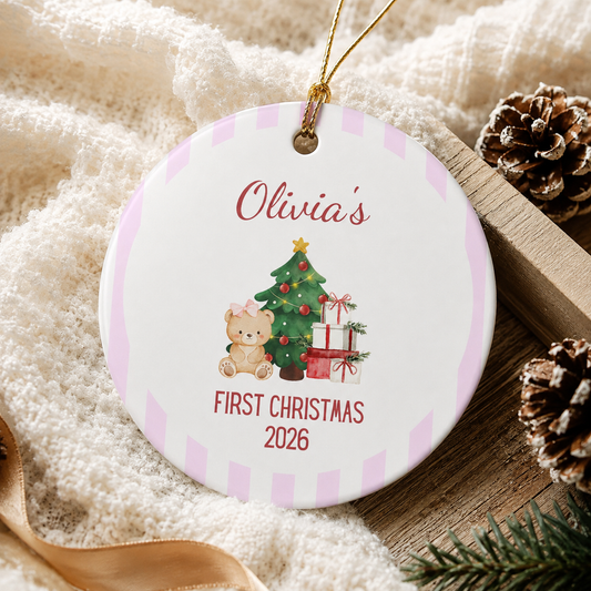 Personalized First Christmas Teddy Bear Ornament | Ceramic Decoration - Pink