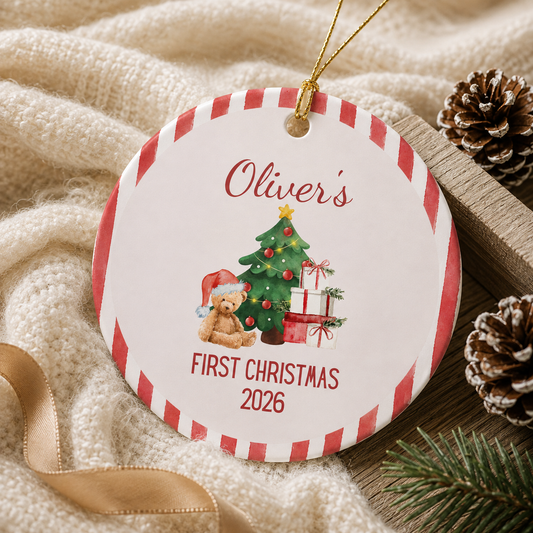 Personalized First Christmas Teddy Bear Ornament | Ceramic Decoration - Red