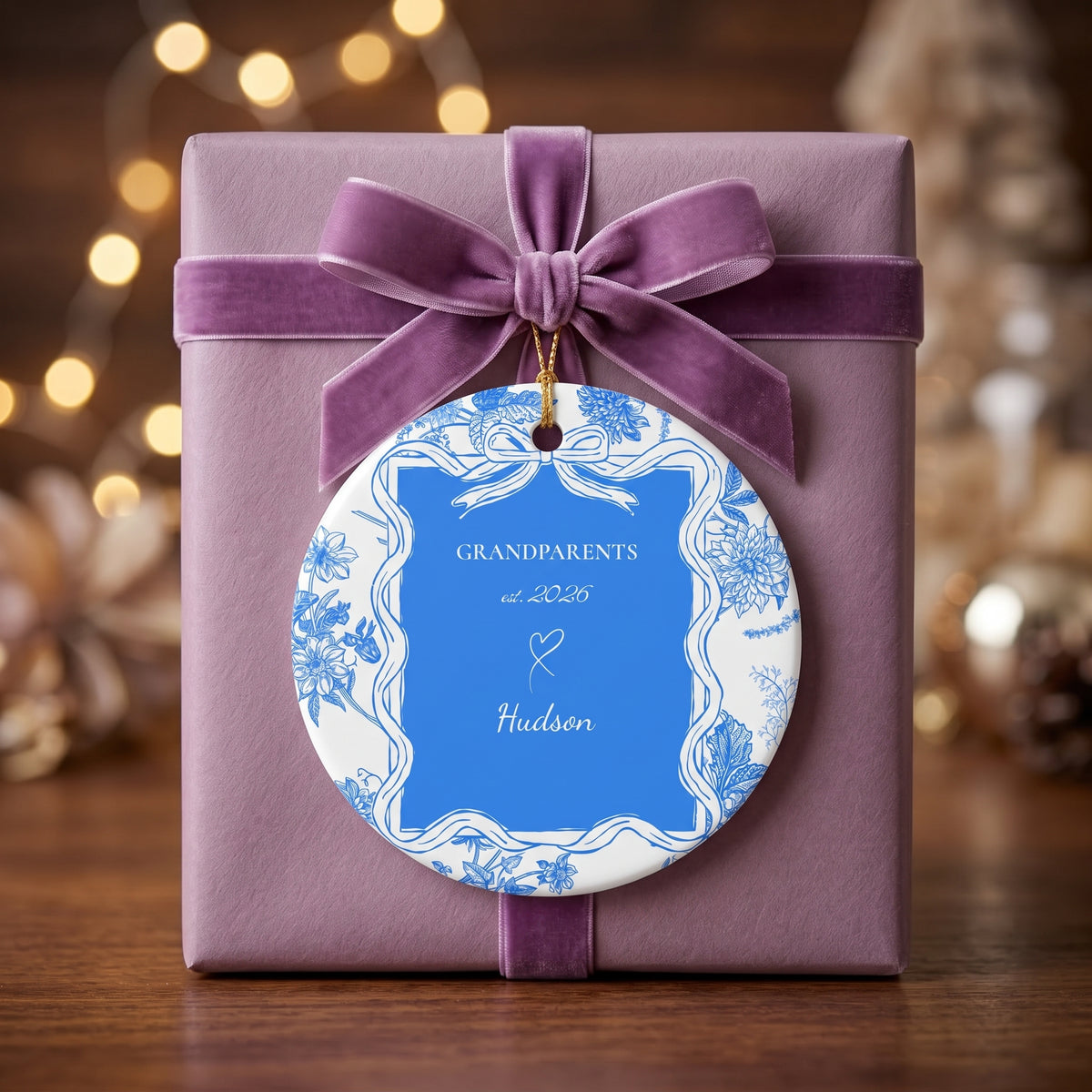 New Grandparents Ornament, Personalized Gift For New Grandma Grandpa | Ceramic Decoration - Blue