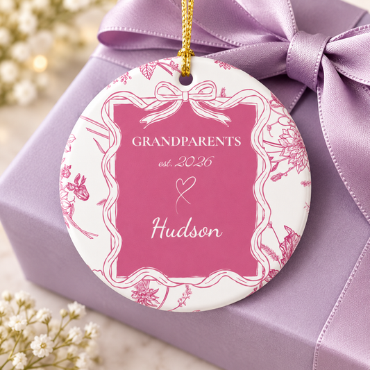 New Grandparents Ornament, Personalized Gift For New Grandma Grandpa | Ceramic Decoration - Pink