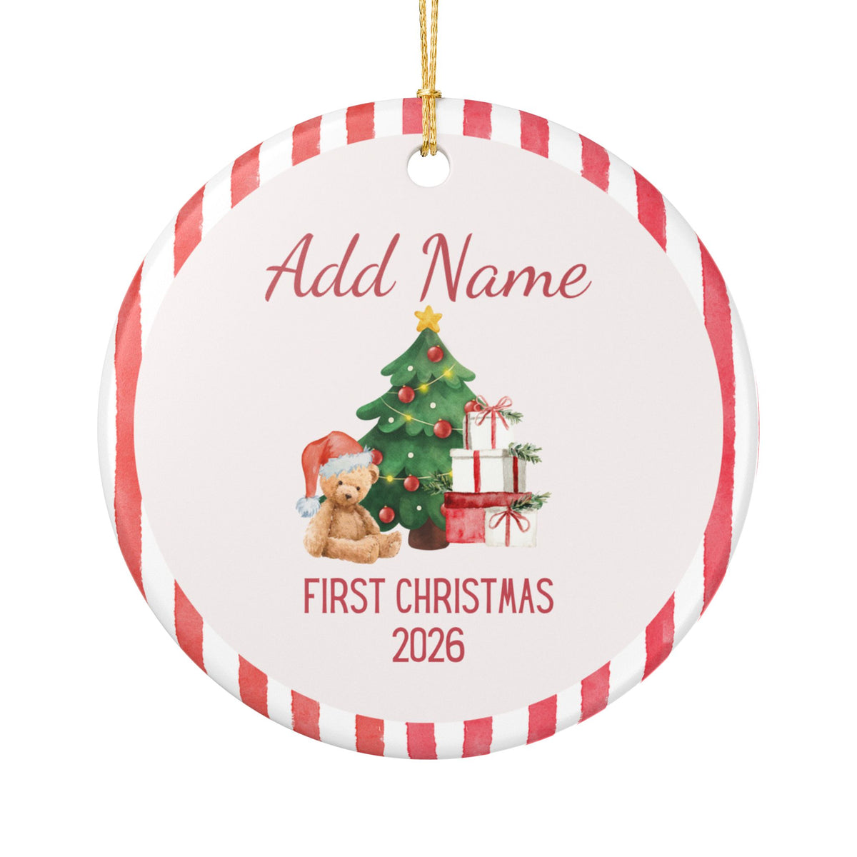 Personalized First Christmas Teddy Bear Ornament | Ceramic Decoration - Red