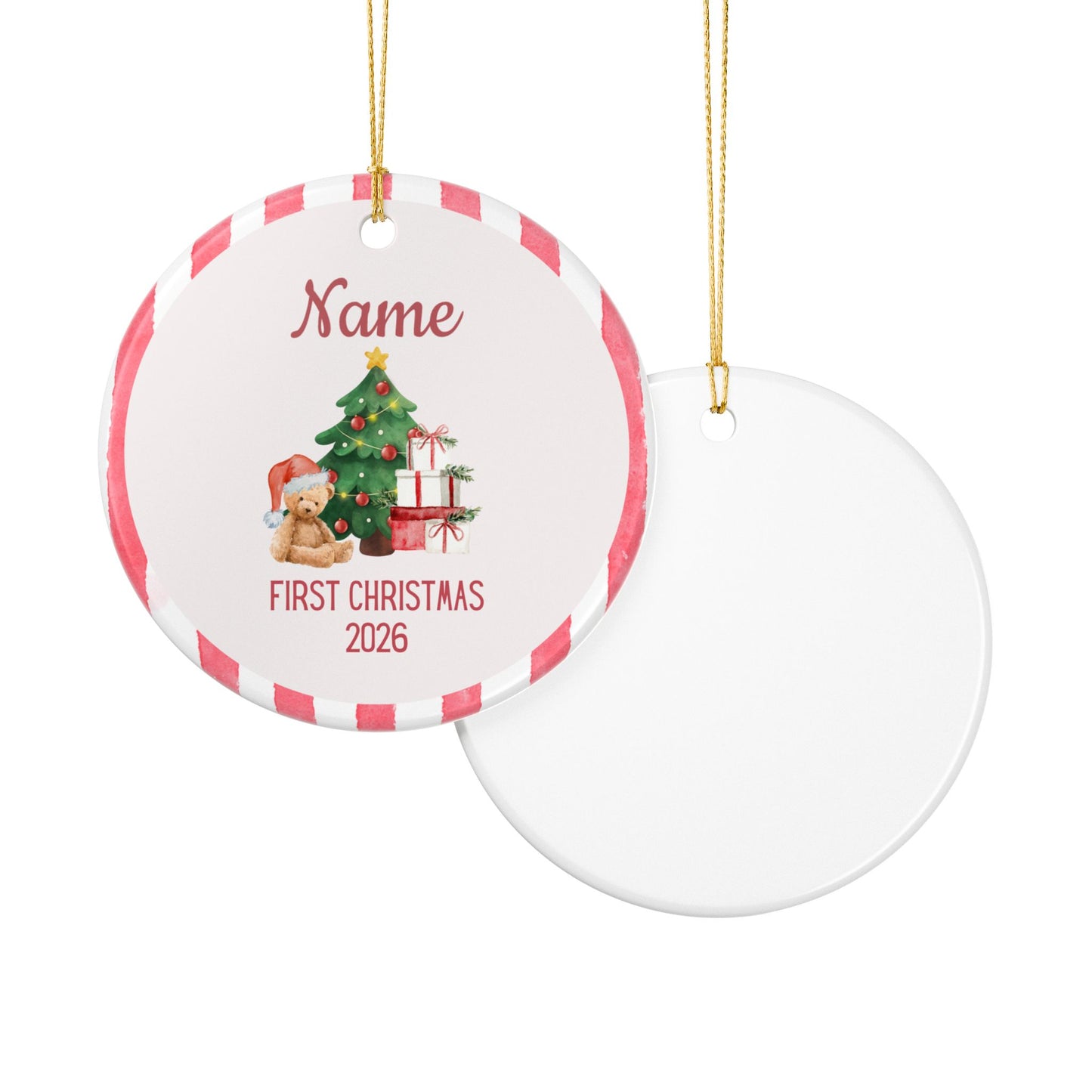Personalized First Christmas Teddy Bear Ornament | Ceramic Decoration - Red