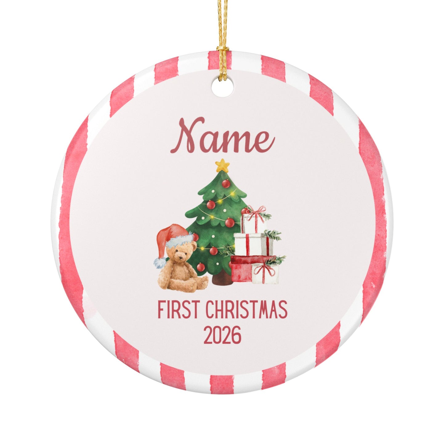 Personalized First Christmas Teddy Bear Ornament | Ceramic Decoration - Red