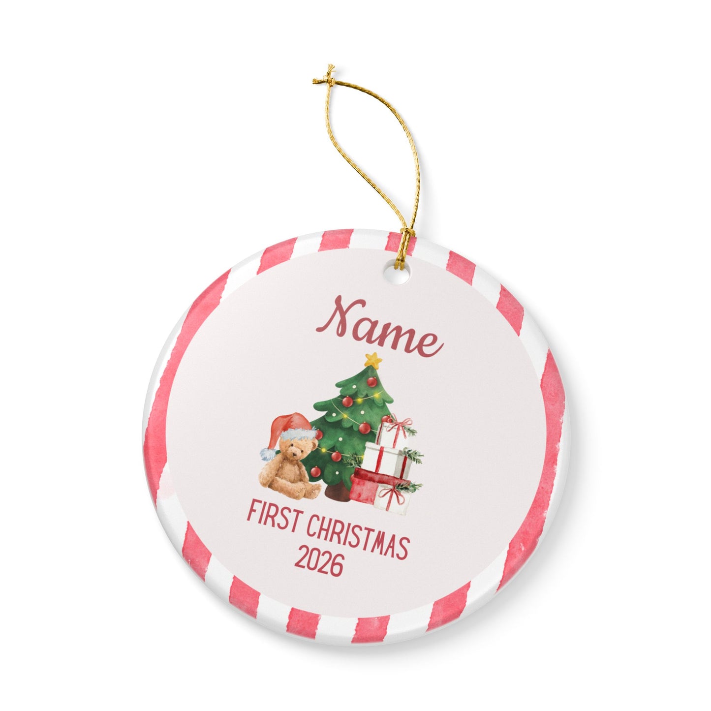 Personalized First Christmas Teddy Bear Ornament | Ceramic Decoration - Red