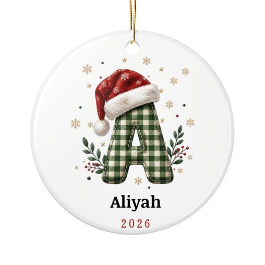 Letter A with Santa Hat, Name & Year - Personalized Christmas Ornament