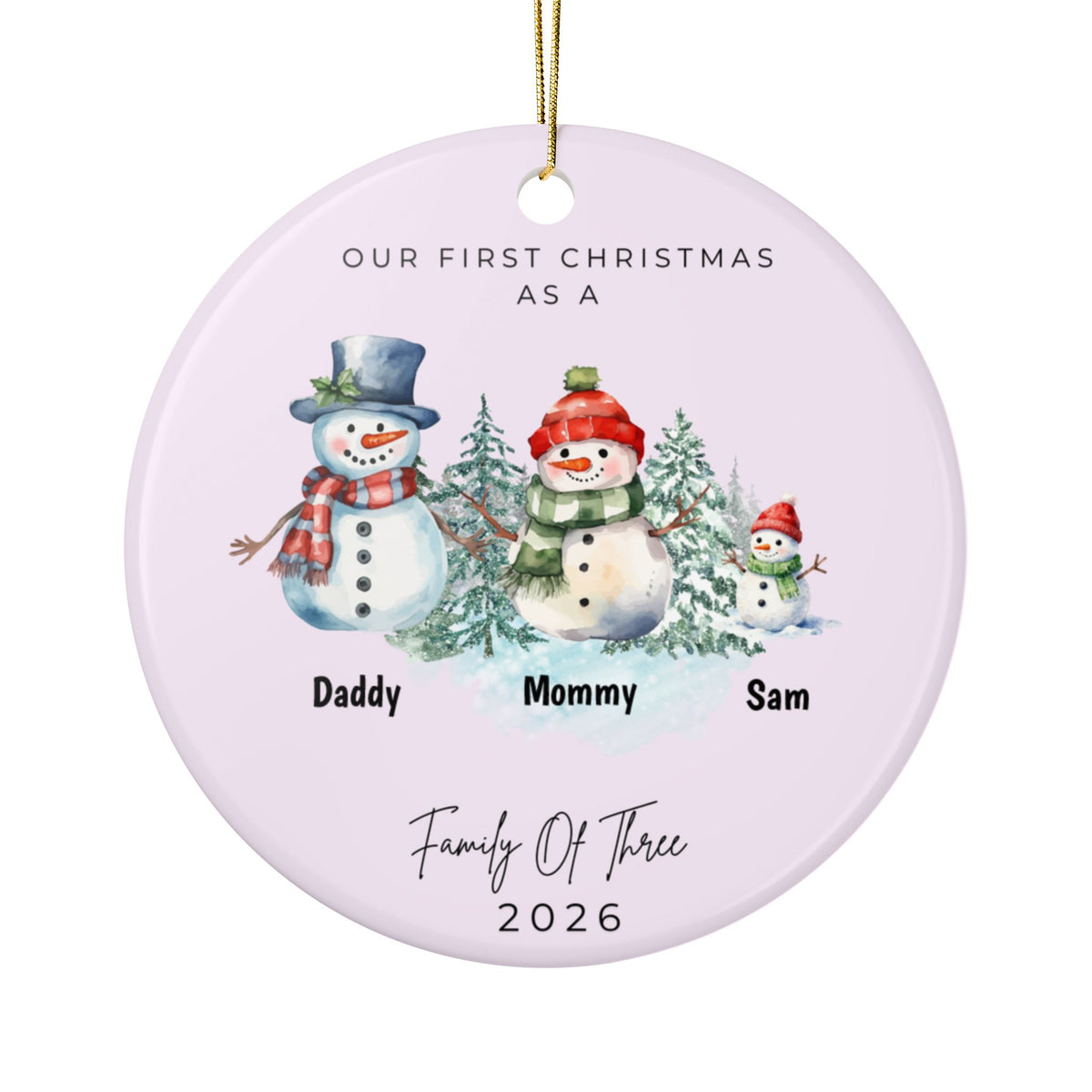 Family Of Three Snowman Christmas Ornament - Pink