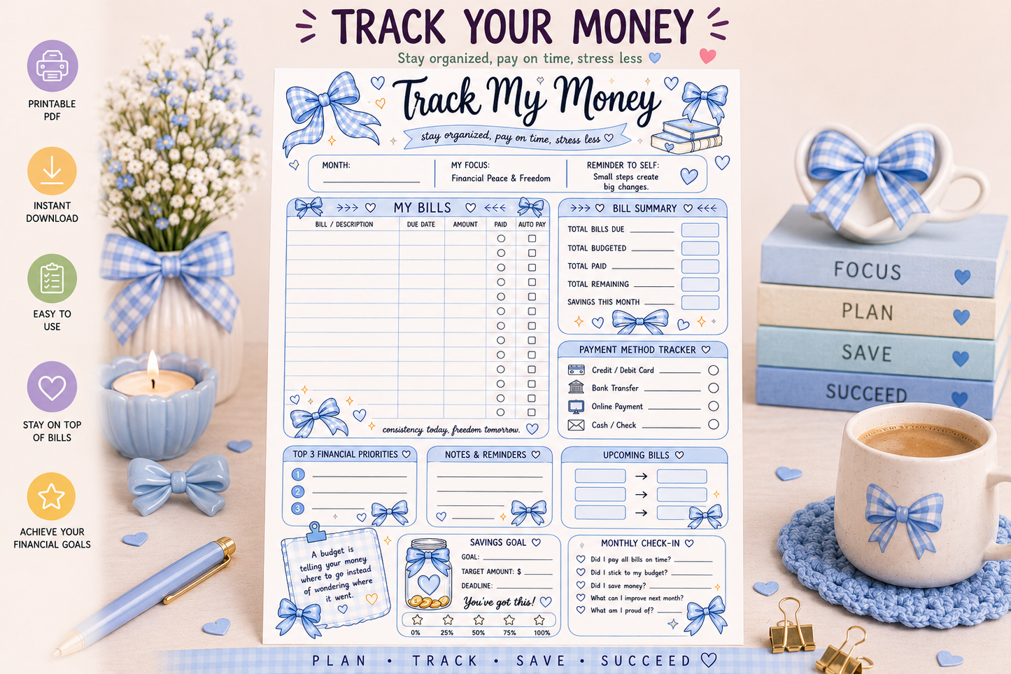 Cute Blue Bow Budget Planner Printable | Track My Money Bill Tracker | Blue Gingham Finance Planner | A4 Digital Download