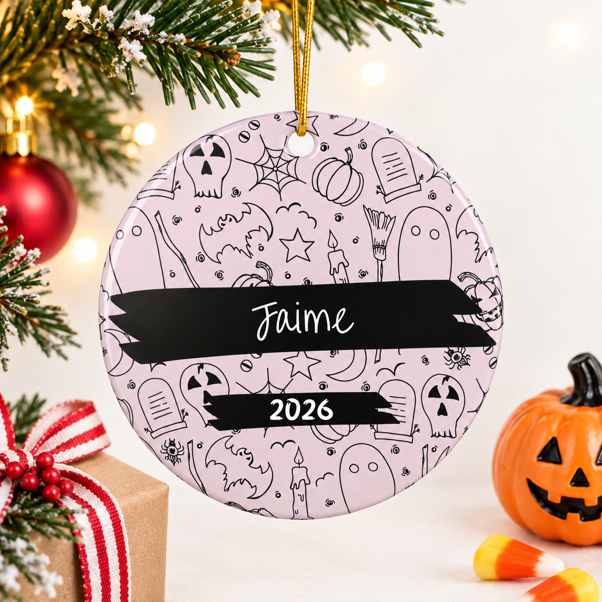 Pink Gothic Halloween Christmas Ornament - With Name & Date