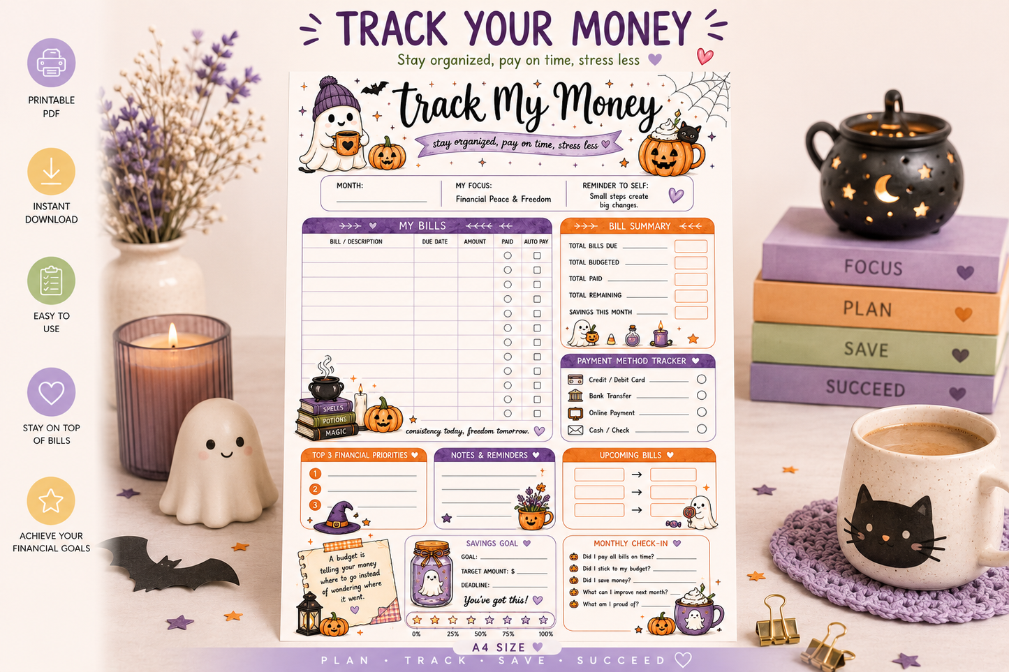 Cute Halloween Budget Planner Printable | Track My Money Tracker | Cozy Halloween Finance Planner | A4 Digital Download