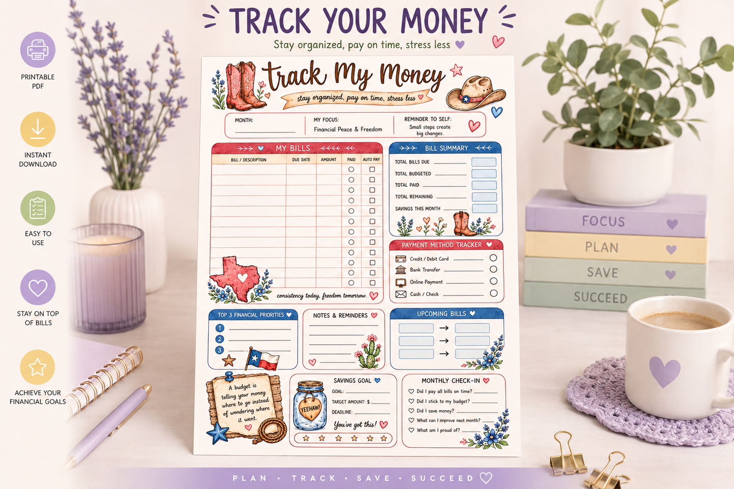 Cowgirl Budget Planner Printable | Track My Money Tracker | Western Finance Planner | Monthly Budget & Savings Tracker | A4 PDF