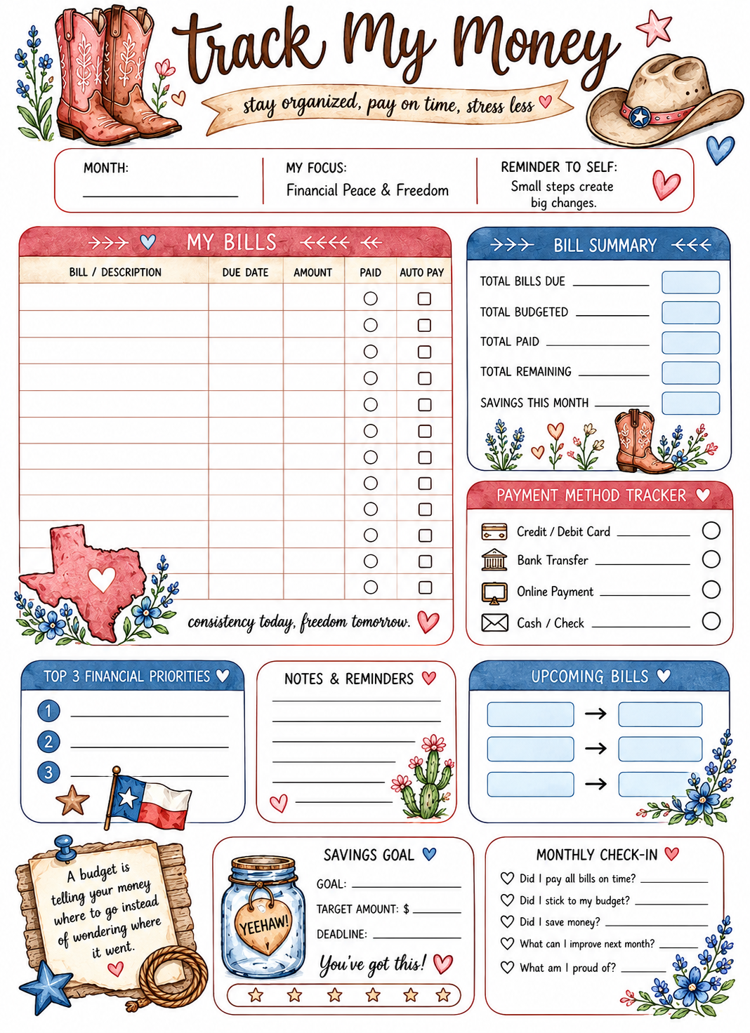 Cowgirl Budget Planner Printable | Track My Money Tracker | Western Finance Planner | Monthly Budget & Savings Tracker | A4 PDF