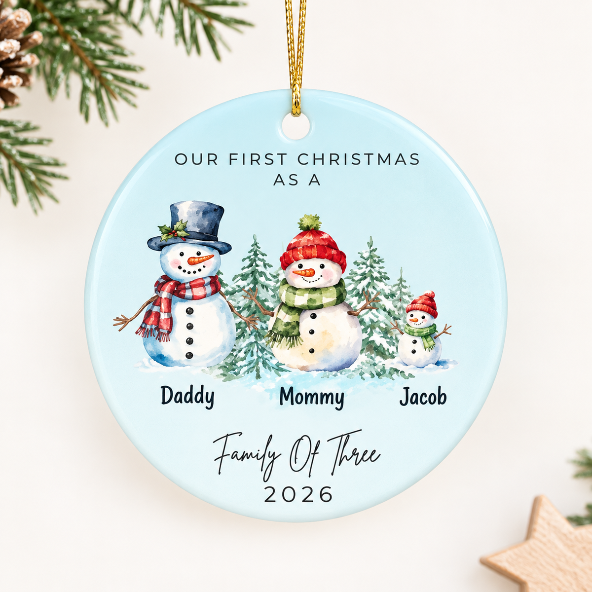 Family Of Three Snowman Christmas Ornament - Aqua