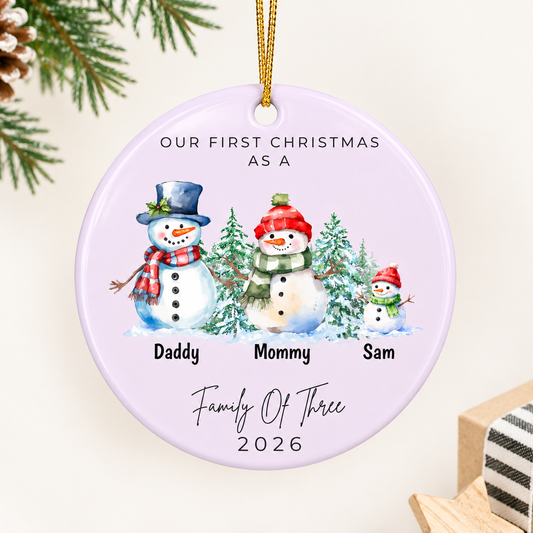 Family Of Three Snowman Christmas Ornament - Pink
