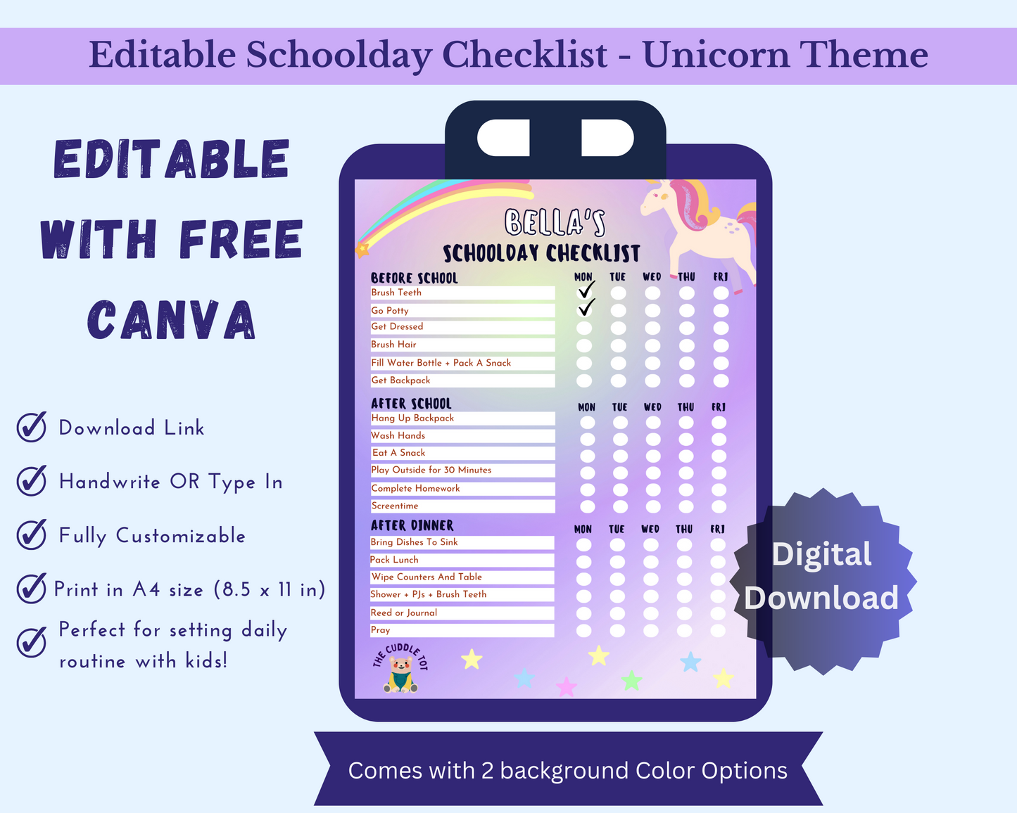 Editable Schoolday Checklist - Unicorn Theme